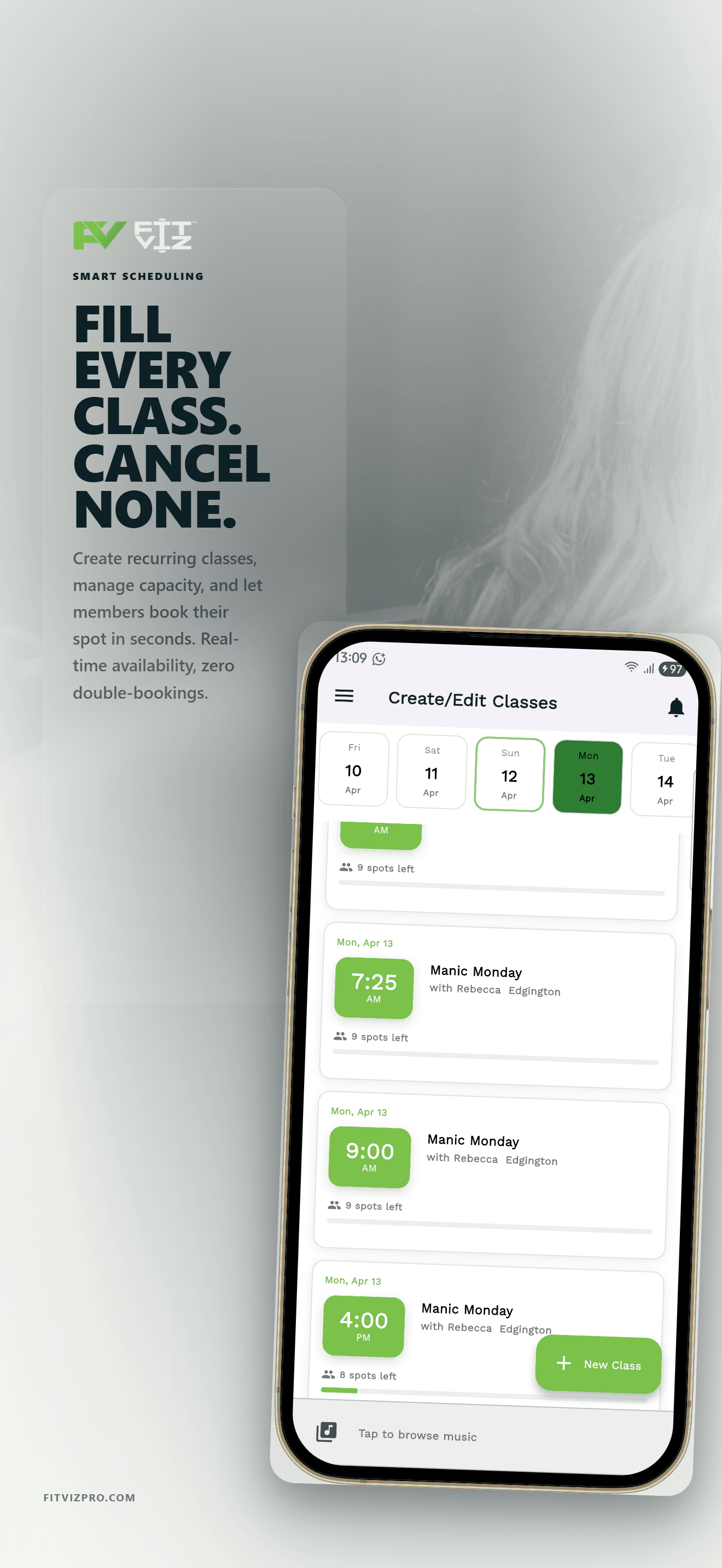 Fit Viz fitness management software — classes view showing fill rate and cancellation policies