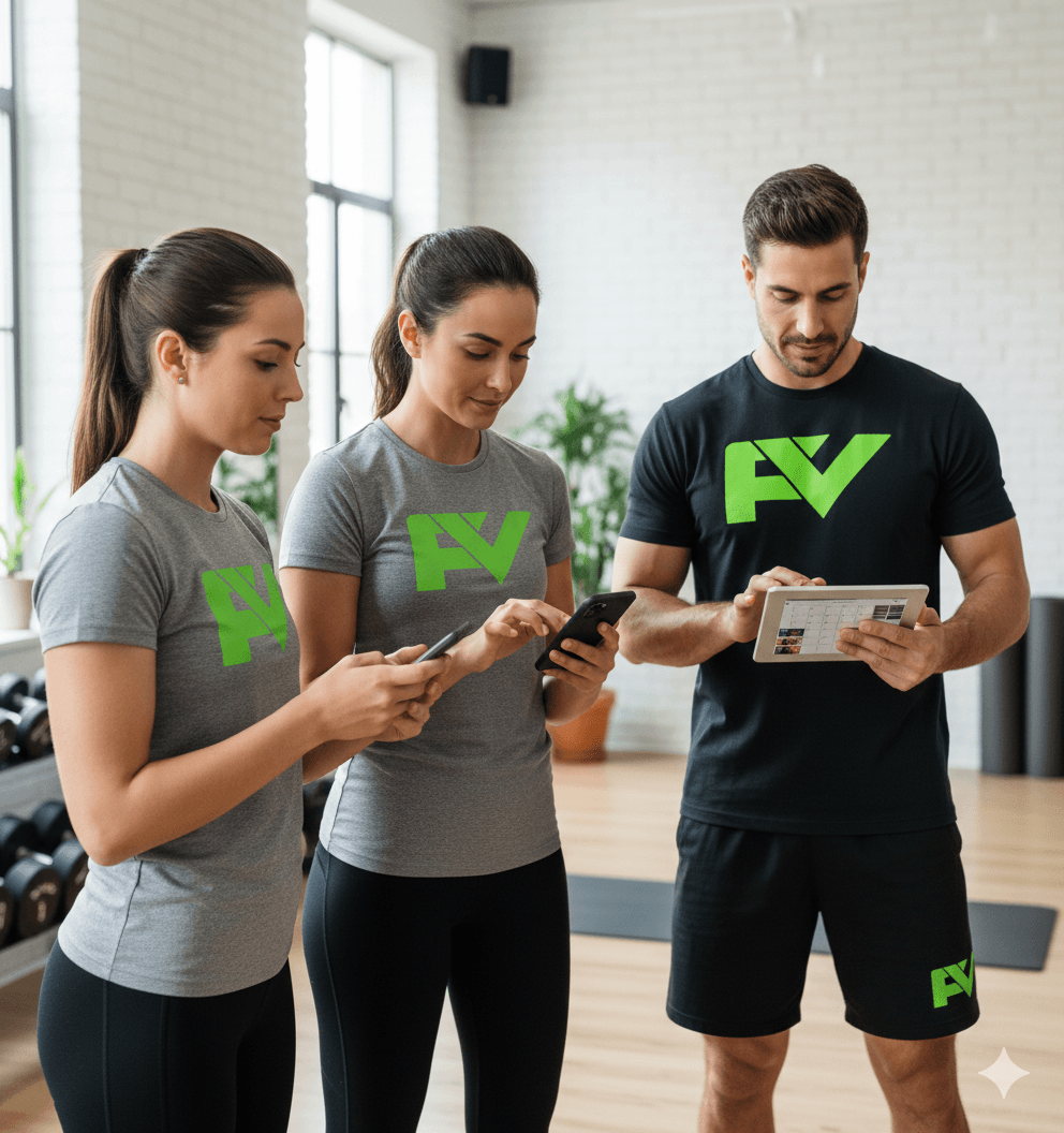 Fitness class booking software dashboard on tablet in gym