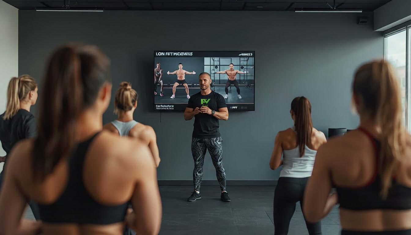 Coach using FitVizPro automated workout TV display in gym